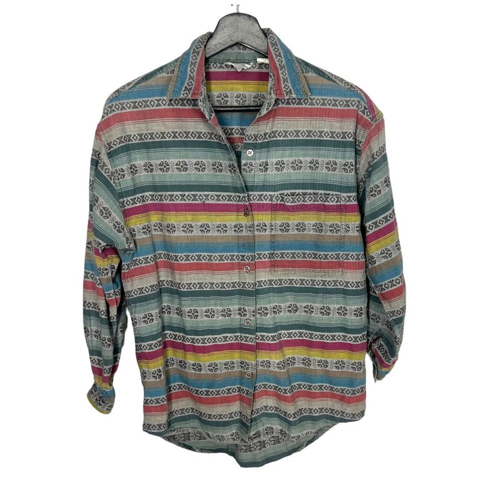 Vintage 90s Multicolor Geometric Print Long Sleeve Button Up Collared Top Medium